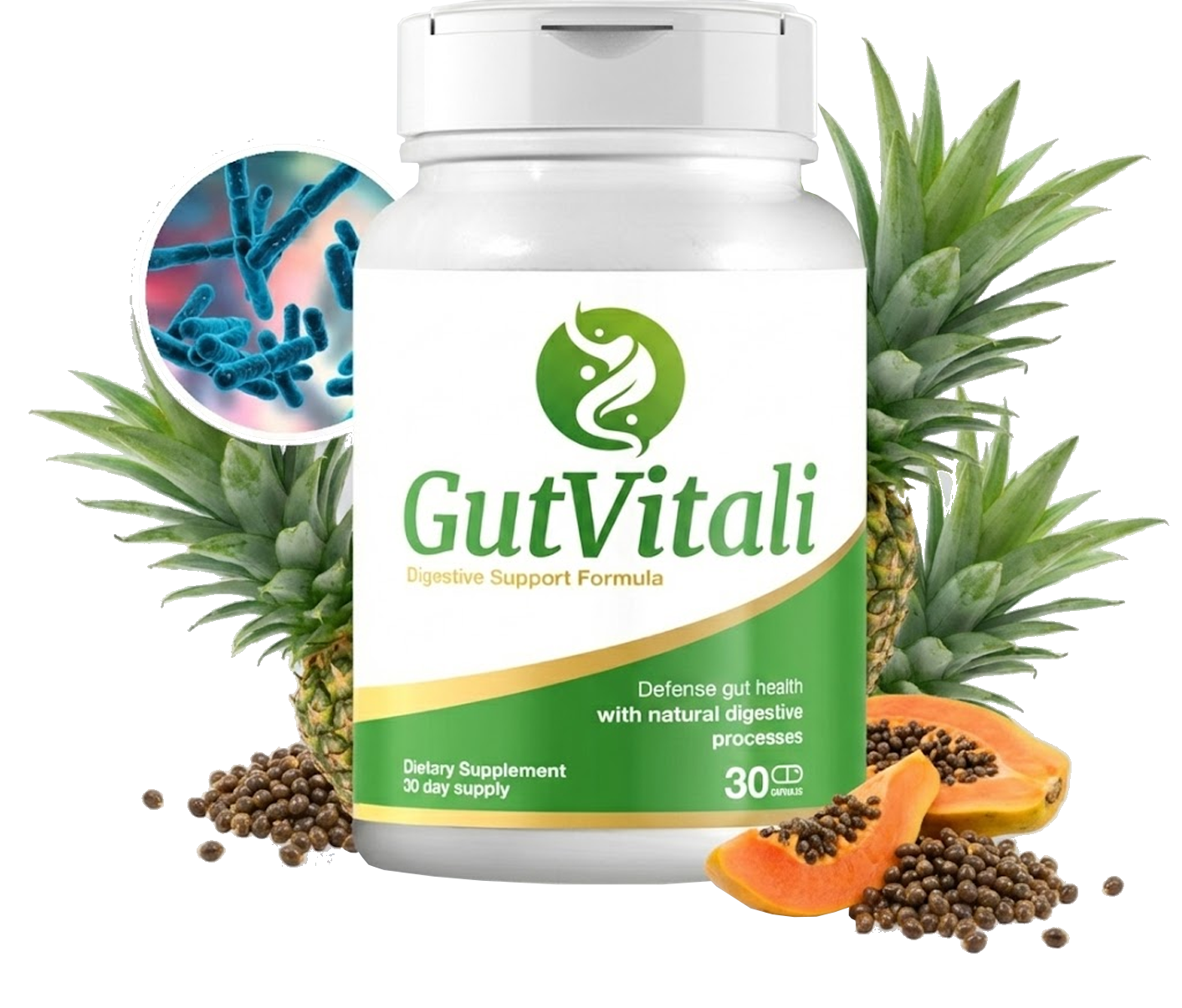 GutVitali Digestive Support Formula bottle with natural ingredients